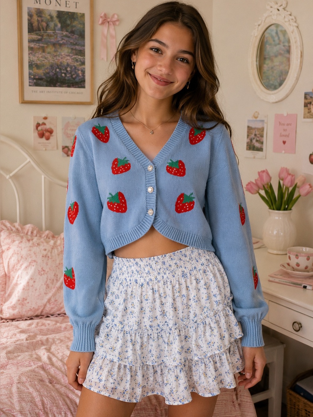 Girls Strawberry Cardigan Blue Coquette Kawaii Cropped Sweater Size 12-14